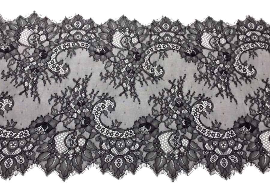 3.5 Floral Galloon Lace Ladder Center-Black<>Chantilly / Eyelash Lace