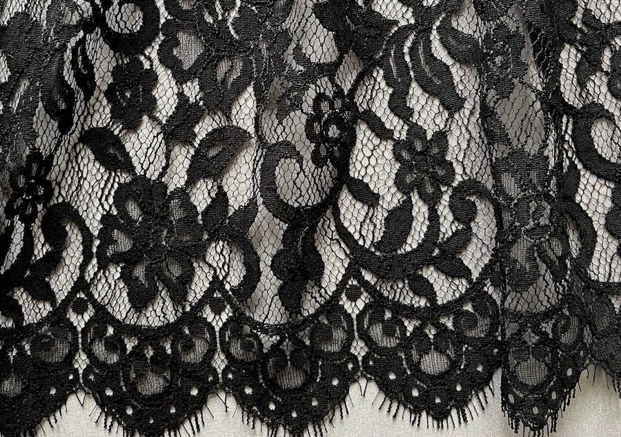 Lace fabric, Double Scalloped Jet Black Floral Chantilly Lace Fabric (Made  in USA) – Britex Fabrics