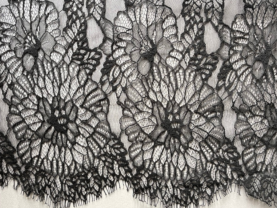 Black Lisianthus, Double Scallop Border. Stretch Lace Fabric. SL