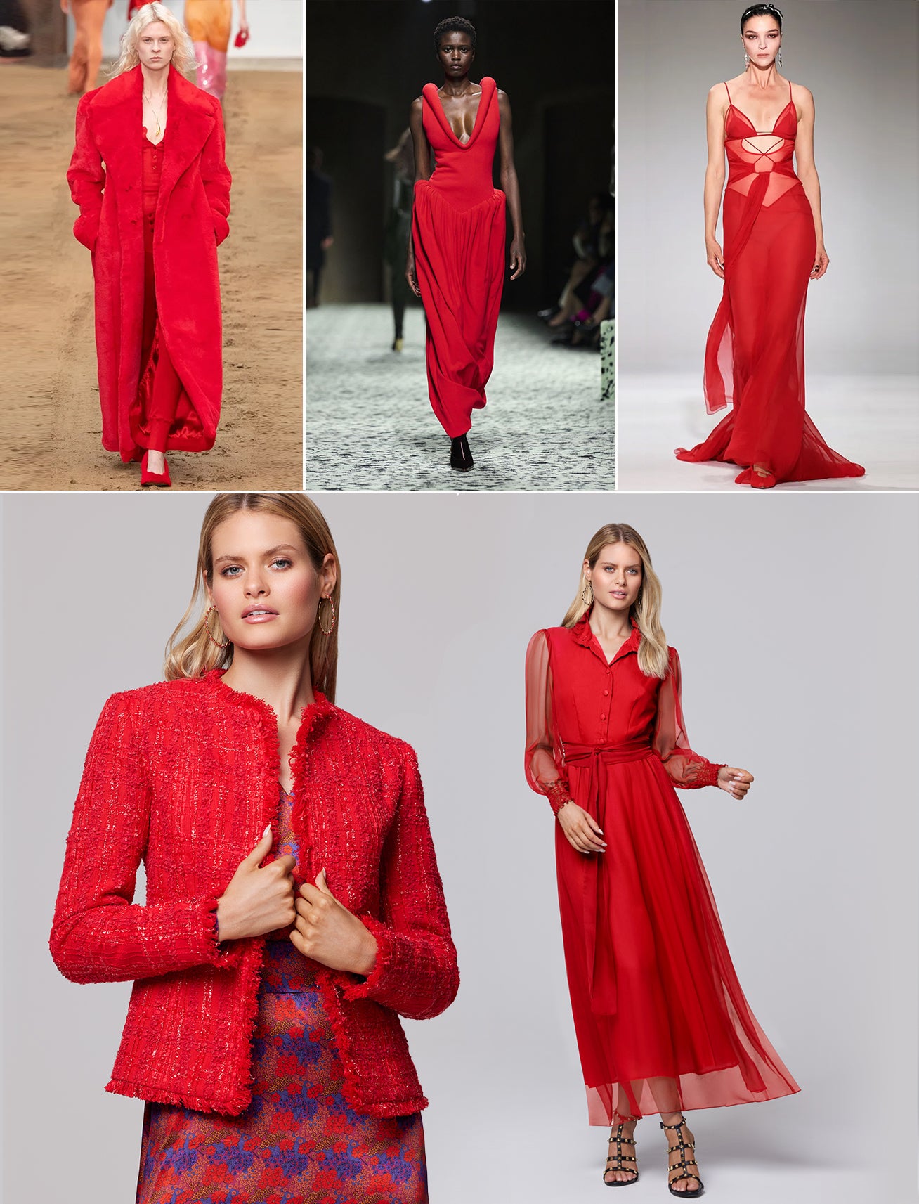 ridleylondon-customised-tailored-pantone-molten-lava-red-tweed-blazer-and-red-silk-chiffon-maxi-dress-autumn-winter-2023-fashion-trend-images