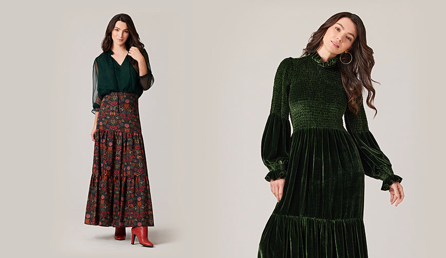 ridleylondon-sustainable-green-velvet-maxi-dress-and-printed-floral-maxi-skirt