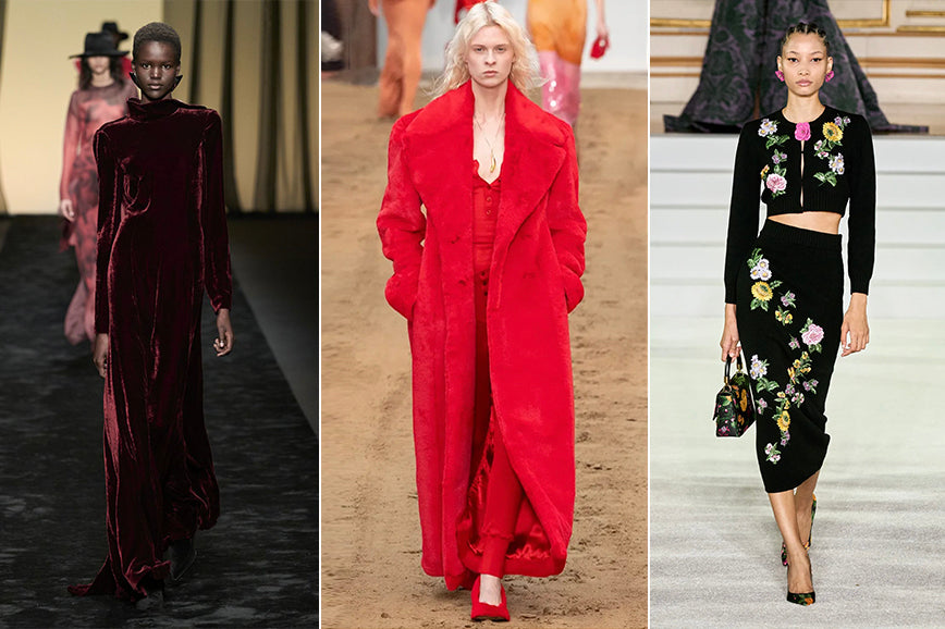 ridleylondon-autumn-winter-2023-fashion-trend-report-images-luxurious-velvet-molten-lava-red-statement-coat-black-winter-floral-hourglass-skirt-suit