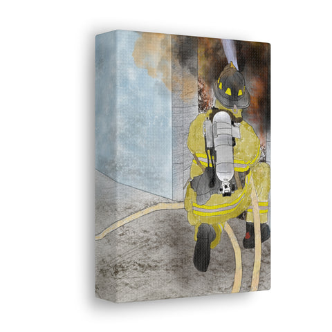 Digital Painting Art on Stretched Canvas of Firefighter fighting fire in a doorway