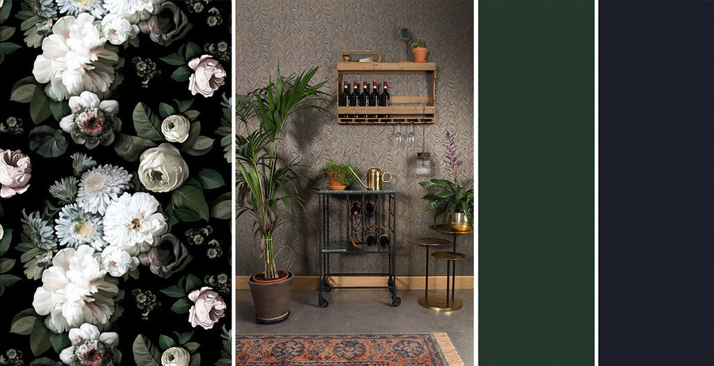Dark Floral Wallpaper by Ellie Cashman Design – Dutchbone Mil trolley – RAL 6009 – RAL 5004