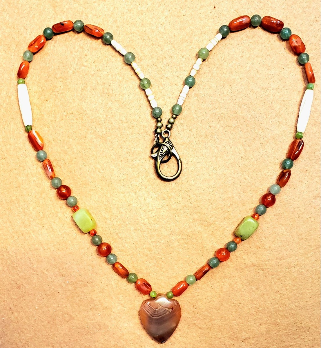 Carnelian Pendant:   Aventurine, Chrysoprase, Carnelian, Jade & Bone