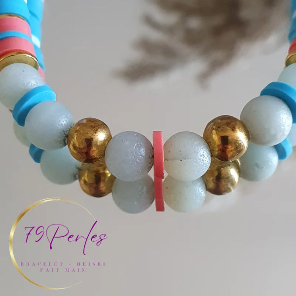 Bracelet Calcedoine Perles Heishi Bleu Rouge