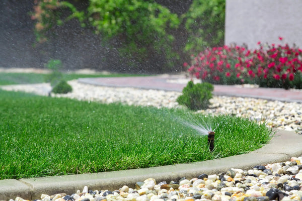 sprinkler running on green lawn