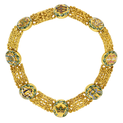 Gold collar set with eight oval-shaped lockets, courtesy Hancocks of London.
