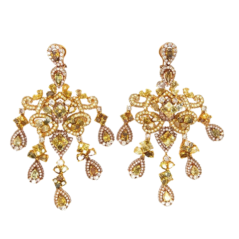 : Colored diamond, white diamond and gold chandelier earrings, total diamond weight approximately 50-carats