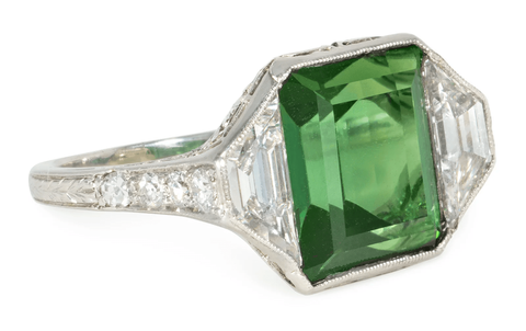 Diamond, green tourmaline and platinum Art Deco cocktail ring, signed Marcus & Co.