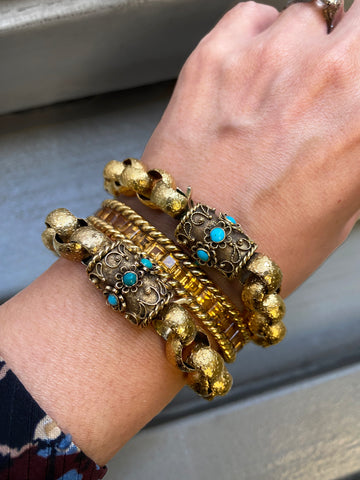 Pair of Georgian 15-karat gold and turquoise bracelets with vintage 1970s citrine and 18-karat gold bangle.