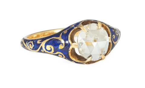Early Victorian rose cut diamond, enamel and 15-karat gold ring