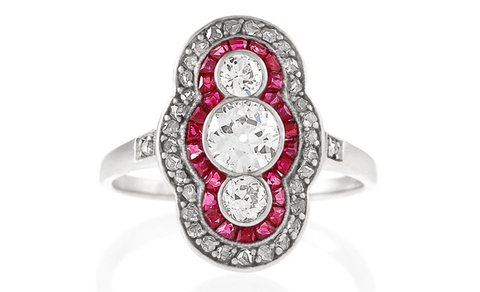 Art Deco diamond, ruby and platinum ring.
