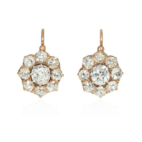 Victorian old mine diamond and gold cluster drop earrings, circa 1890