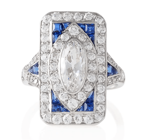 Art Deco diamond, sapphire and platinum plaque ring, circa 1920-1925