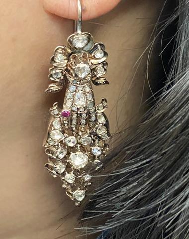 Antique rose cut diamond and 14-karat gold hand motif ear pendants, circa 1900.