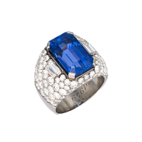 Unheated blue sapphire, diamond and 18-karat white gold Trombino ring, signed Bulgari, circa 1955.