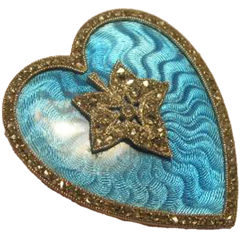Platinum, diamond and blue guilloché enamel  heart-shape brooch, Cartier Paris, circa 1910.