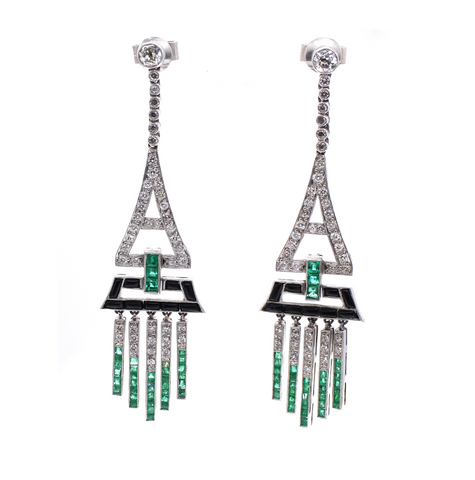 Art Deco diamond, emerald, onyx and platinum dangle earrings, circa 1925