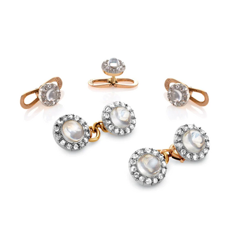 Edwardian dress set comprised of moonstone, diamond and platinum topped 18-karat gold