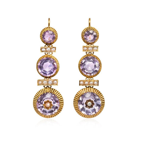 Victorian amethyst, natural pearl and gold earrings, French