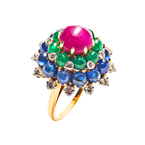 Cabochon ruby, emerald and sapphire cocktail ring with diamond accents, in 18-karat gold, signed Bulgari, circa 1960s.