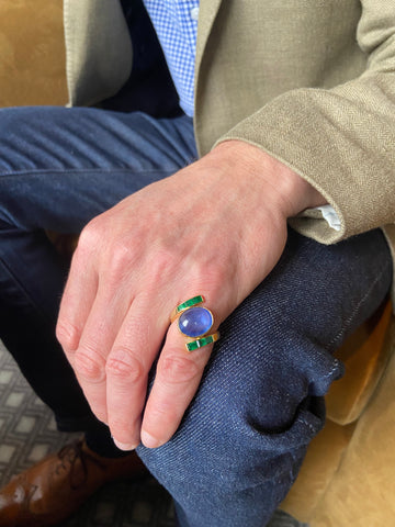 Cabochon sapphire, emerald and 18-karat gold ring, by Andrew Grima, circa 1960s.