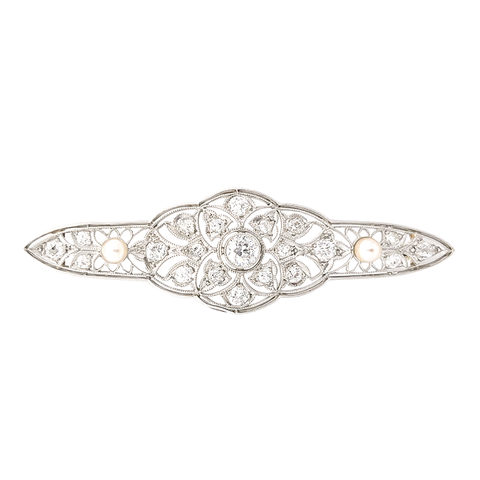 Art Deco diamond, cultured pearl, platinum and 18-karat gold brooch.