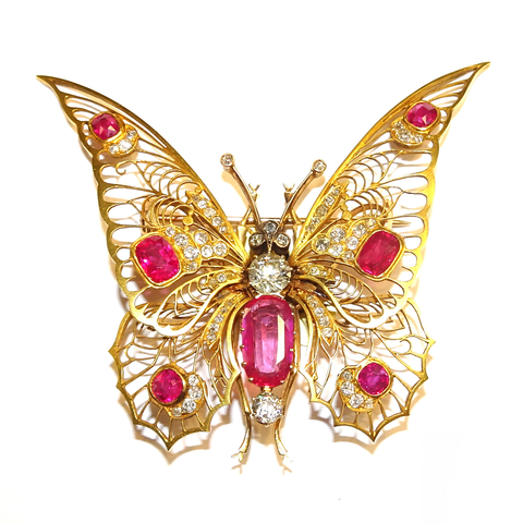Victorian ruby, diamond and gold butterfly brooch; French