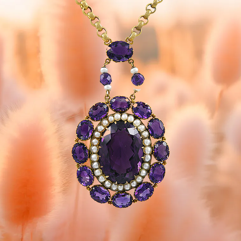 Amethyst, cultured pearl and gold necklace