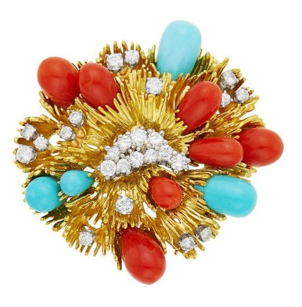 Diamond, coral, turquoise, platinum and gold brooch, signed Tiffany & Co., circa 1960s