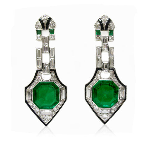 Art Deco emerald, diamond, enamel and platinum earrings