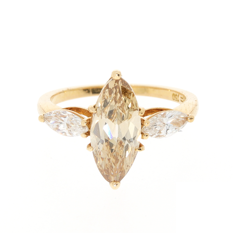 2.01-carat brownish orange marquise shaped diamond and gold ring.