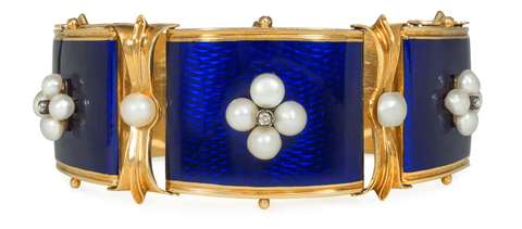 Victorian diamond, natural pearl, enamel and 18-karat gold bracelet, French, by Emile Froment-Meurice, with original box, circa 1865