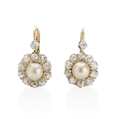 Platinum topped gold, old mine cut diamonds and natural saltwater pearl earrings, circa 1880