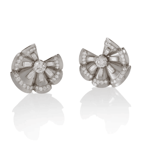 Fan shaped platinum and diamond earrings, circa 1950s