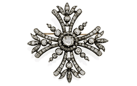 Victorian Old mine diamond and silver-topped gold Maltese cross brooch, circa 1870s
