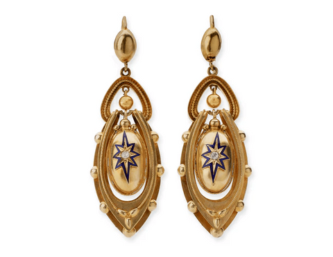 Victorian diamond, enamel and 14-karat gold star motif pendant earrings, circa 1870s.