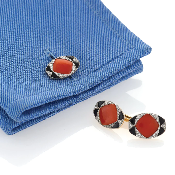 Art Deco coral, onyx, diamond, platinum and gold cufflinks.