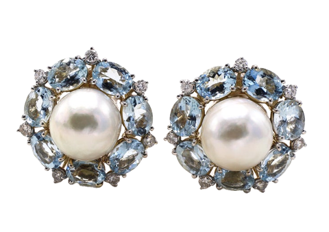 Cultured pearl, aquamarine, diamond and 18-karat white gold earrings, signed Seaman Schepps, circa 1970s.