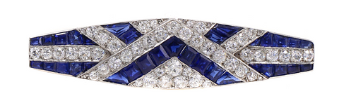 Art Deco diamond, sapphire and platinum brooch, French.