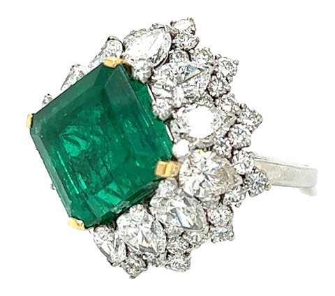Colombian emerald (9.64-carats), diamond and platinum ring, signed Bulgari, circa 1960s;