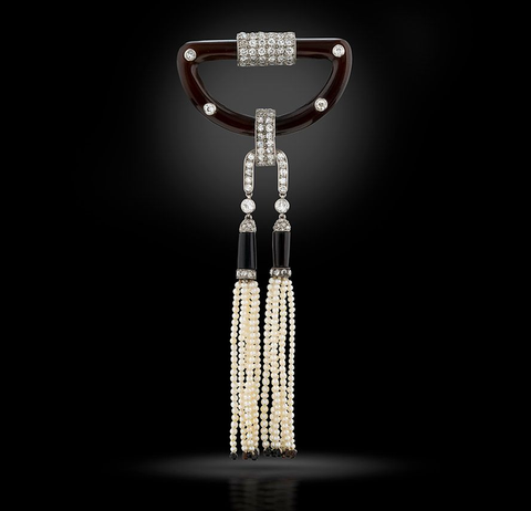 Art Deco diamond, onyx, natural pearl and platinum tassel brooch, signed Cartier, circa 1921