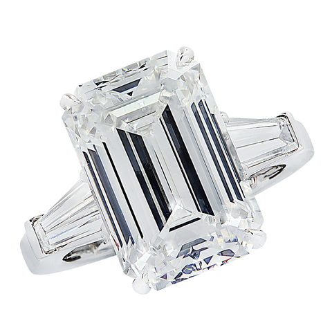 7.52-carat emerald cut diamond and platinum ring.