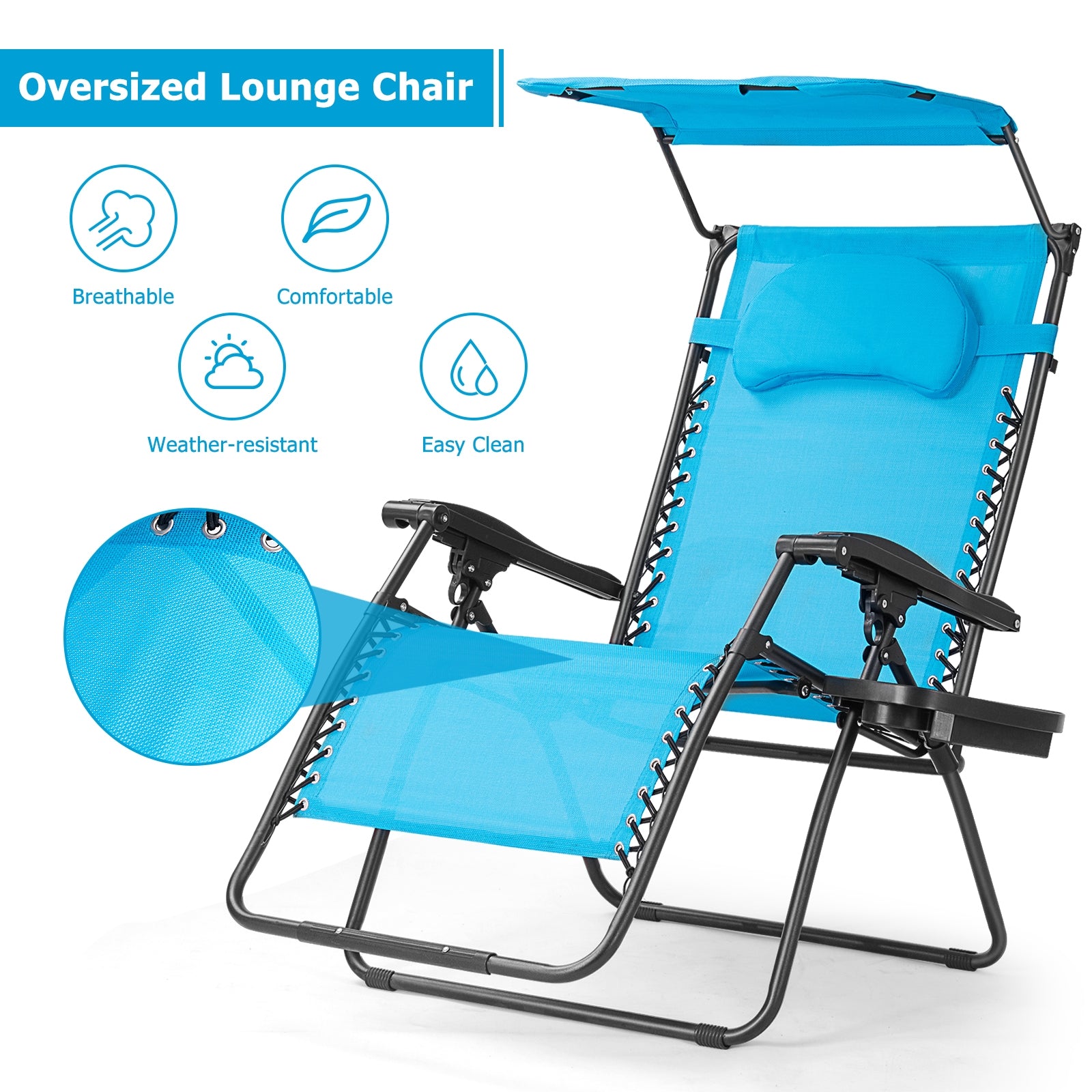 Costway - Folding Recliner Lounge Chair with Shade Canopy Cup Holder, Blue