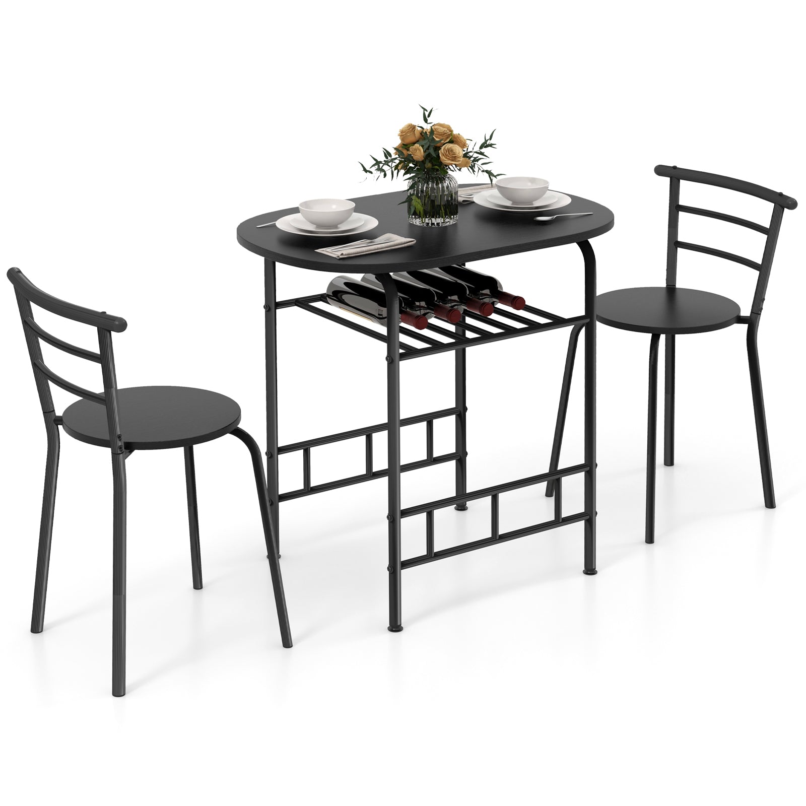 Costway - Dining Table Set, Home Kitchen Bistro Pub Dining Table 2 Chairs Set, Black, 3 pcs