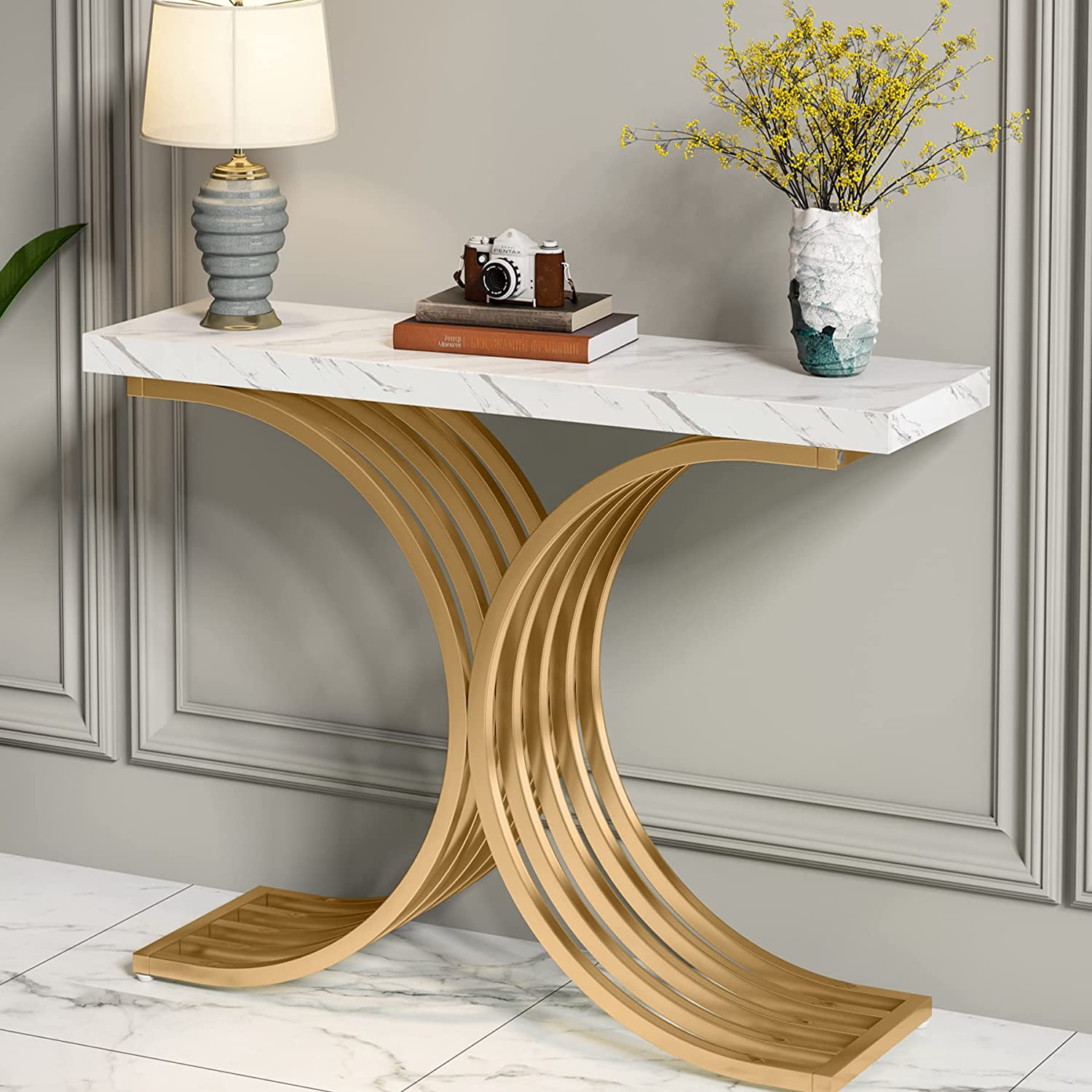 Tribesigns - Console Table, Modern Faux Marble Entryway Sofa Table with Metal Base, Whtie & Gold