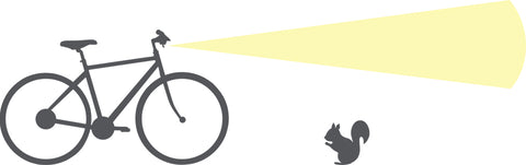 Illustration of a bike headlight shining straight ahead above a squirrel on the ground.