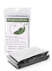 a picture of an emergency blanket.  It is thin, silver-colored and reflects 90% of your body heat, keeping you warm.