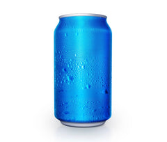 this is a blue can with condensation on the outside of the can